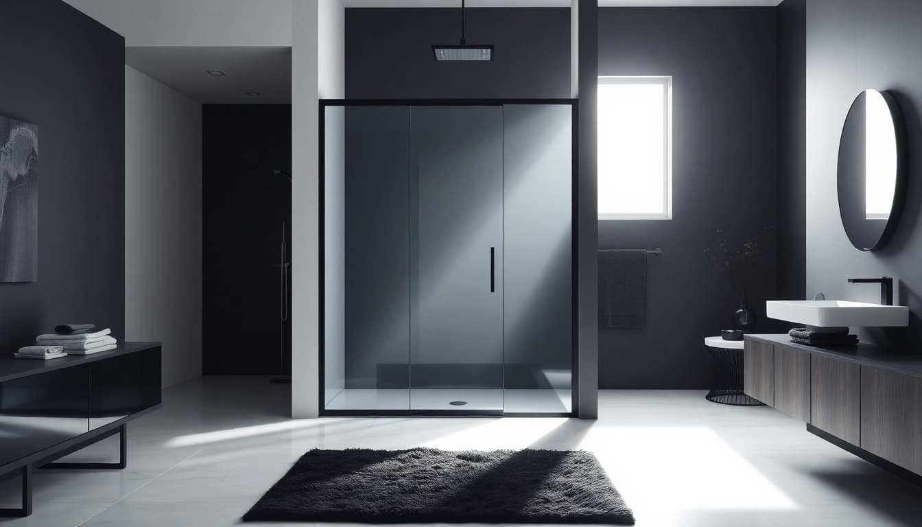 Showcase black shower sliding door enhancing modern bathroom aesthetics.