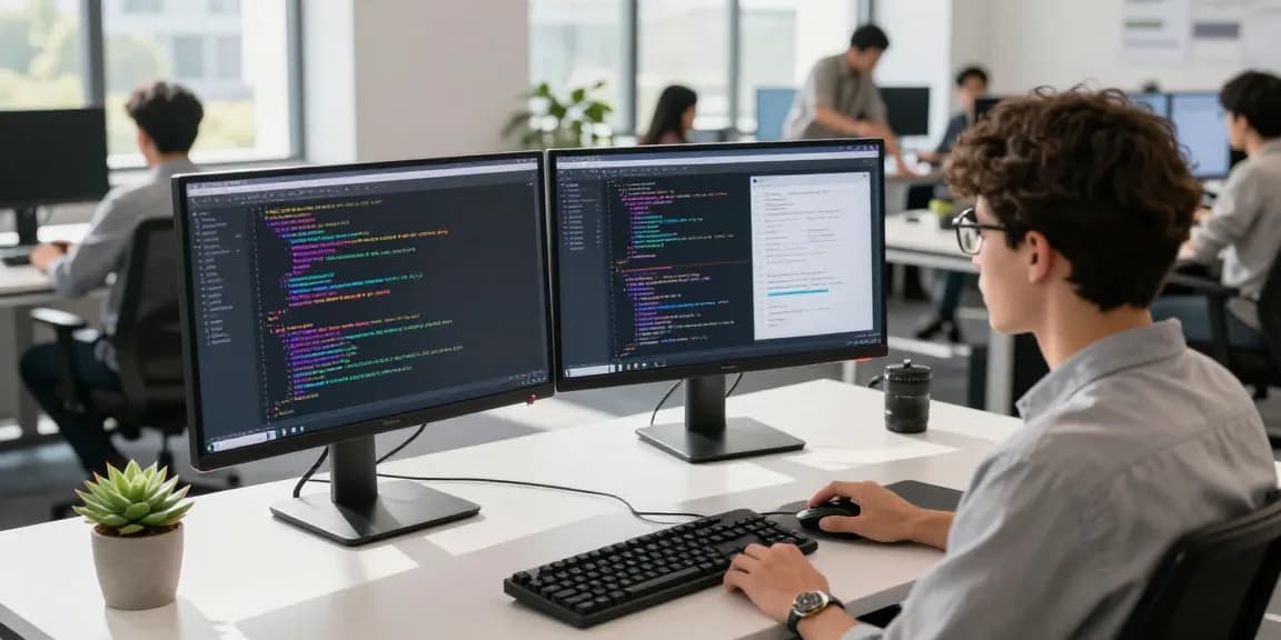 Young developer coding at a tech startup workspace at https://rokok88.org, showcasing innovation and collaboration.
