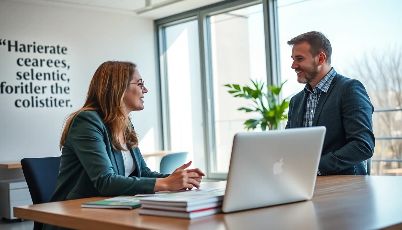 Career coaching session in a bright office illustrating engagement and professionalism.