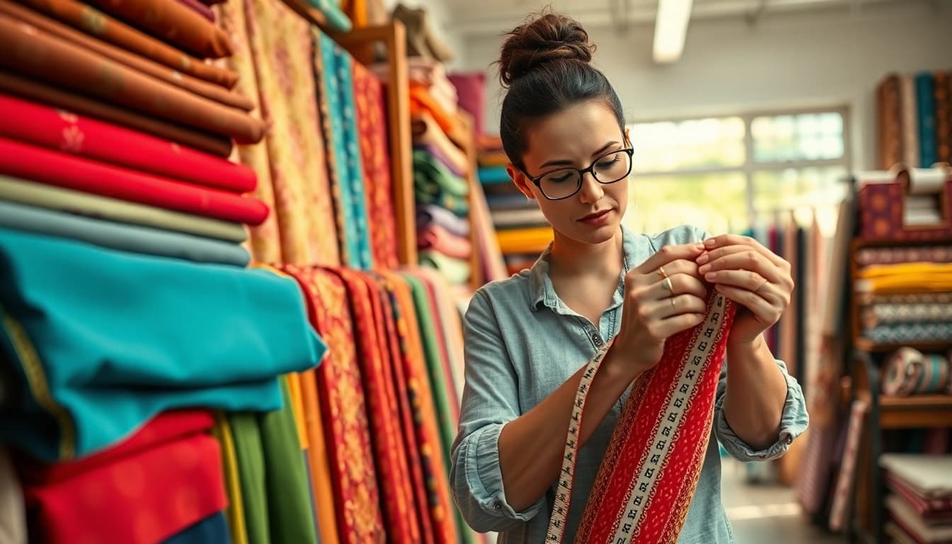 Stoffen webshop nederland biedt een gezellige stoffenwinkel met kleurrijke textielen en een vakvrouw in actie.