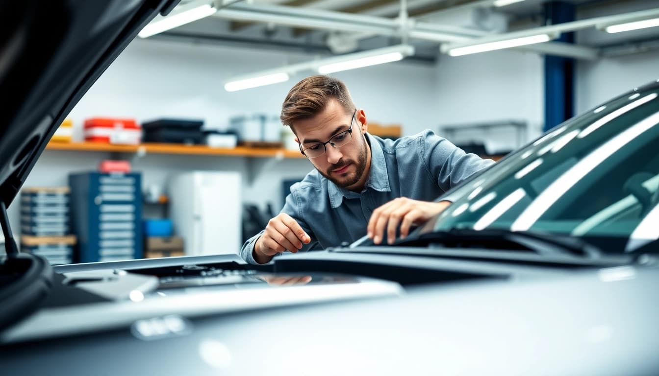 Vehicle service contract provider technician meticulously inspecting a luxury car in a modern workshop.