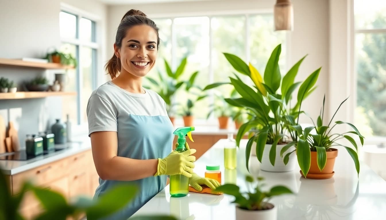 Showcasing cleaning services calgary with a professional cleaner in a sparkling kitchen environment.