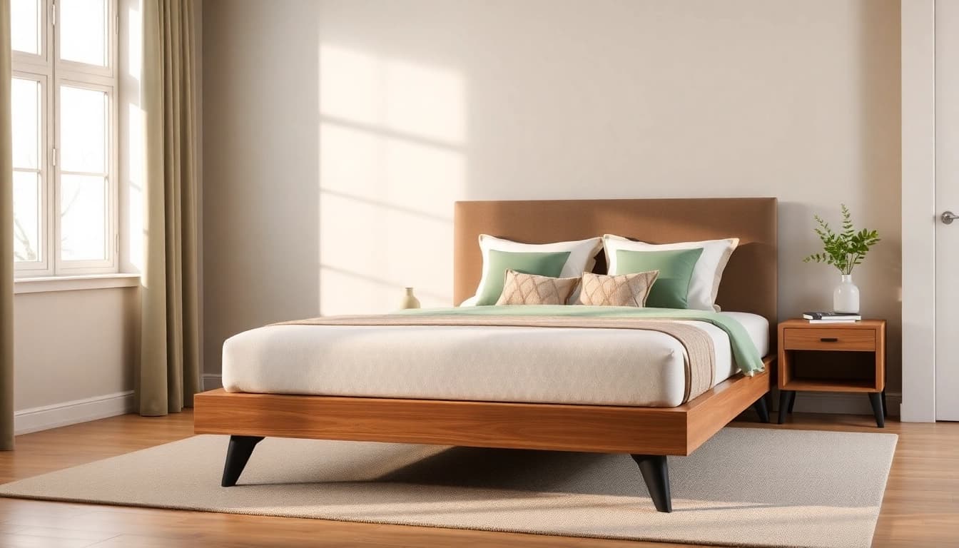 Stylish bed frame queen showcased in a serene bedroom setting, highlighting elegance and comfort.