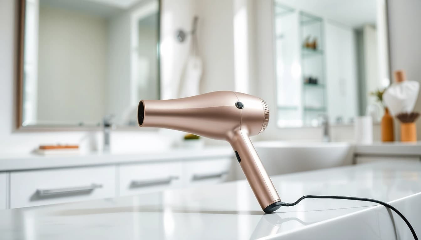 Styling with an Ionic blow dryer showcasing sleek design and shiny finish.