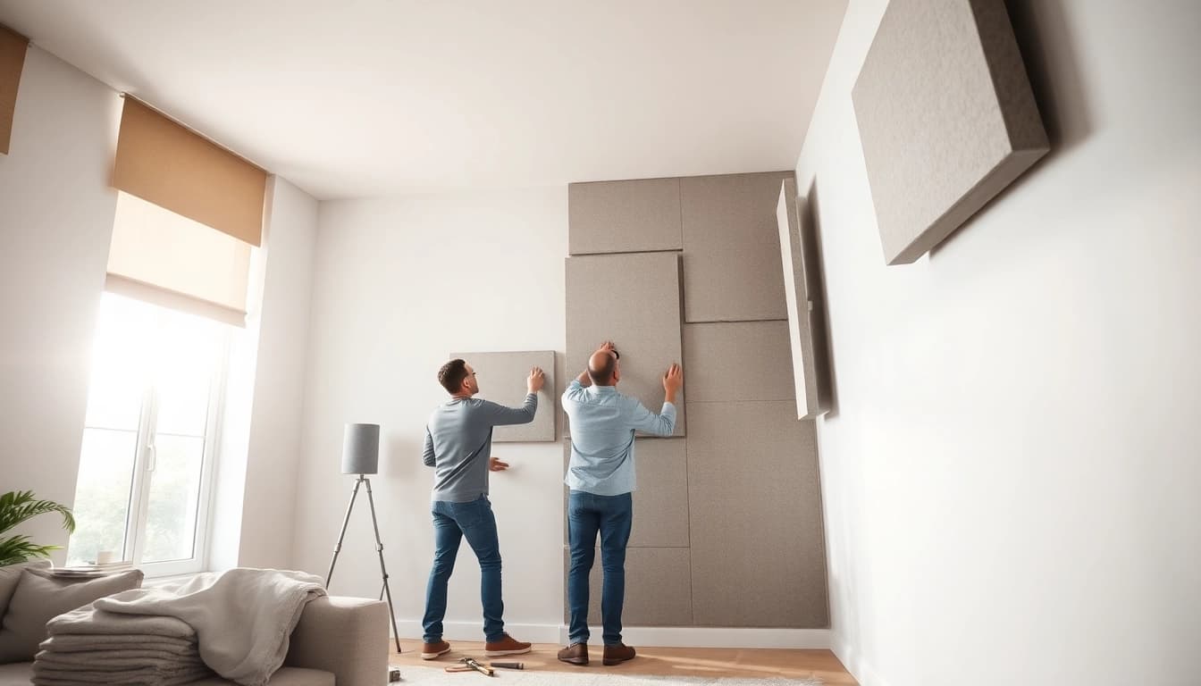 Soundproofing installation with professional tools and acoustic panels in a modern home.