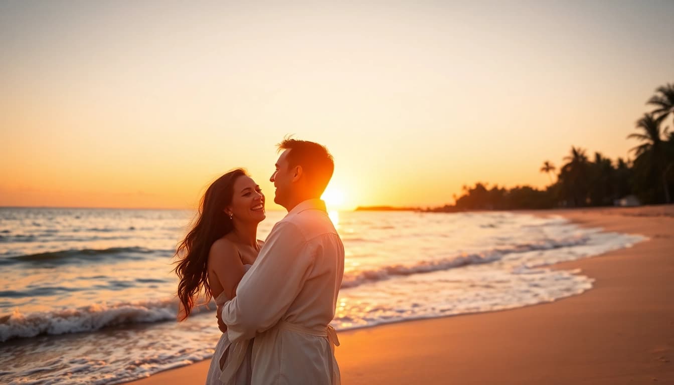 Destination photographer capturing a romantic beach sunset with a couple in the foreground.