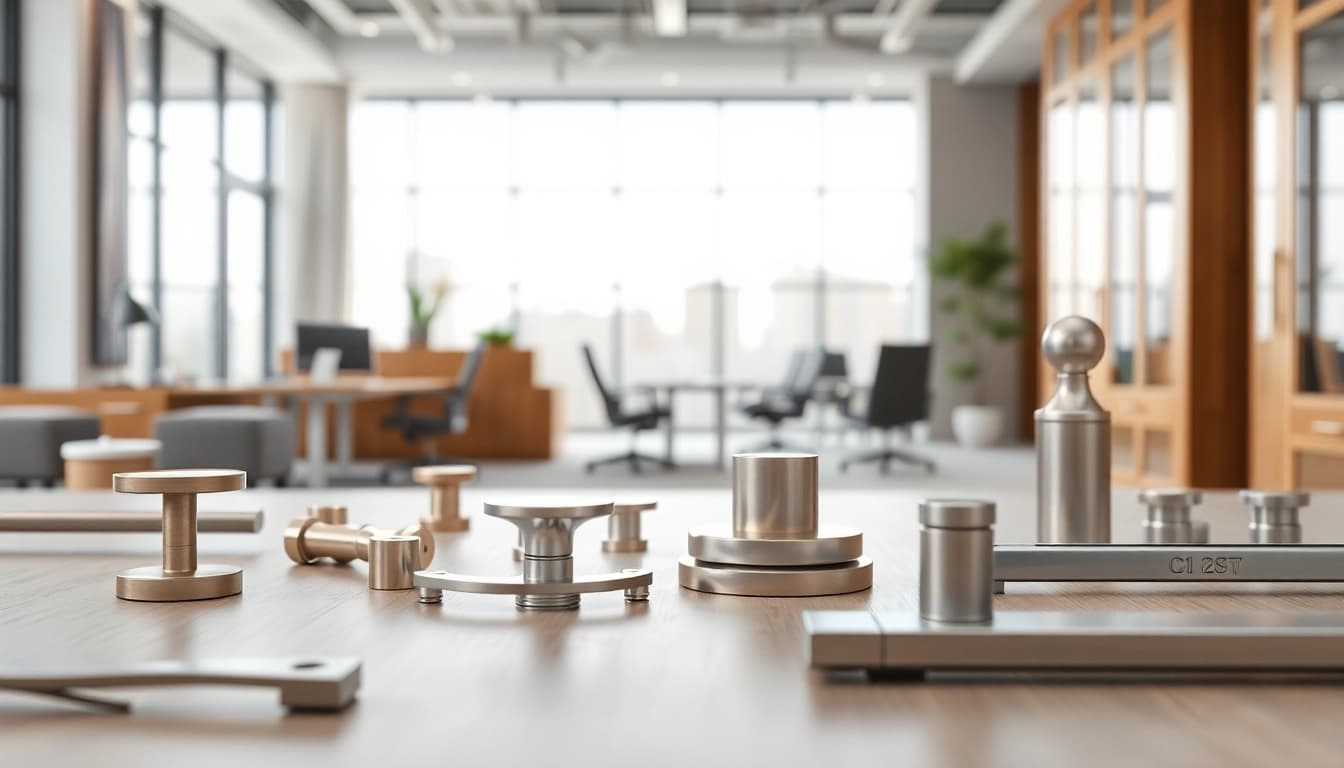 Showcase of high-quality furniture hardware manufacturers' products in a modern office setting.