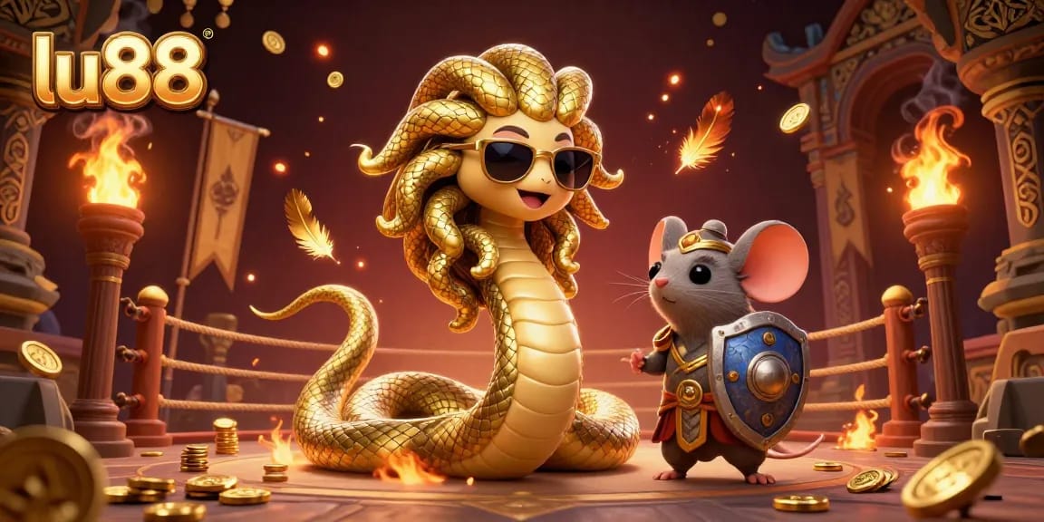 Join the fun at lu88 with a vibrant 3D casino illustration of Medusa and a warrior mouse amidst golden tokens and betting action.