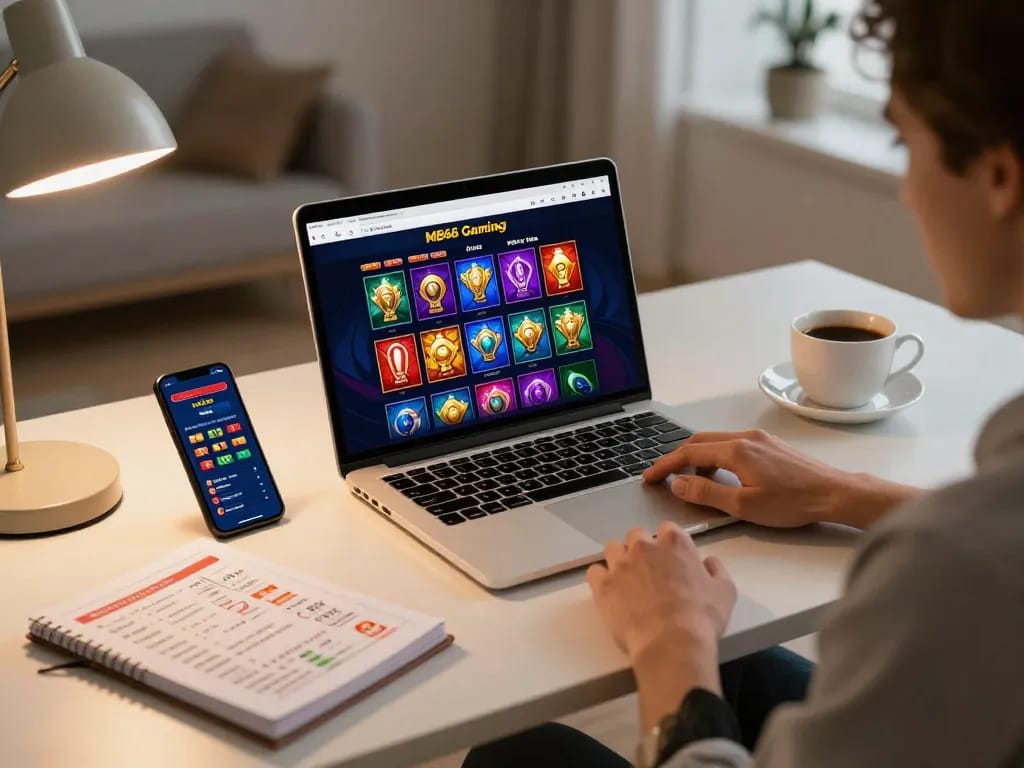 Engaged player exploring MB66 online casino on laptop for the latest slot games.