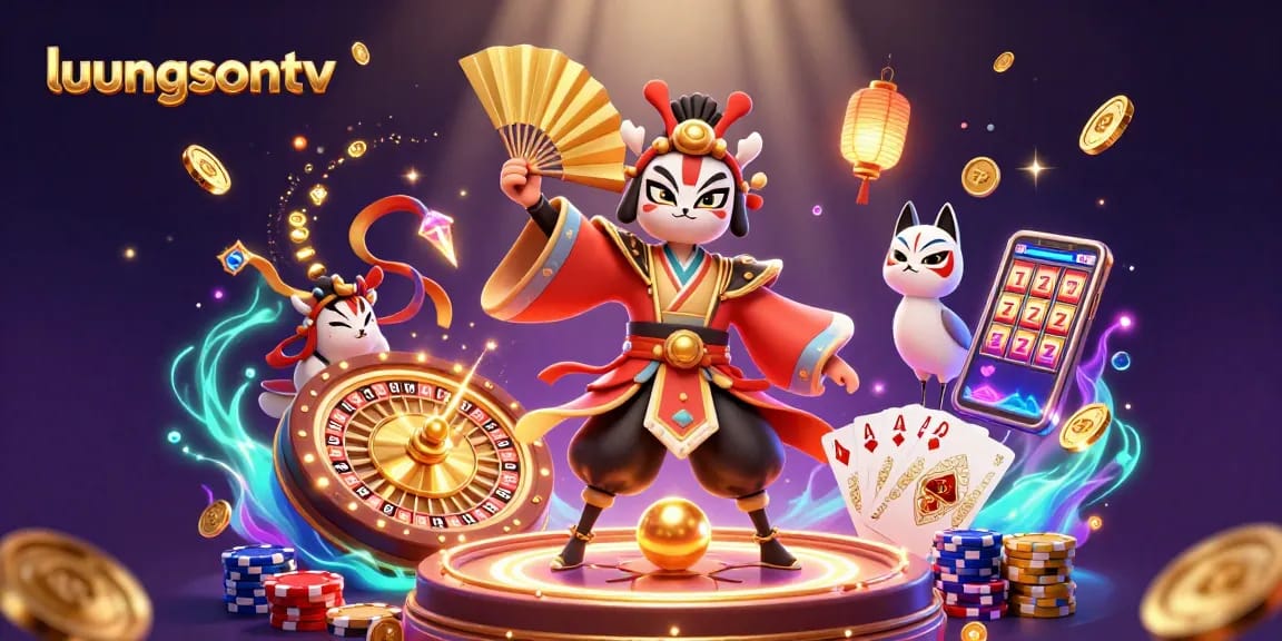 Experience the excitement of luongsontv with this vibrant 3D casino scene featuring kabuki warrior and game elements.
