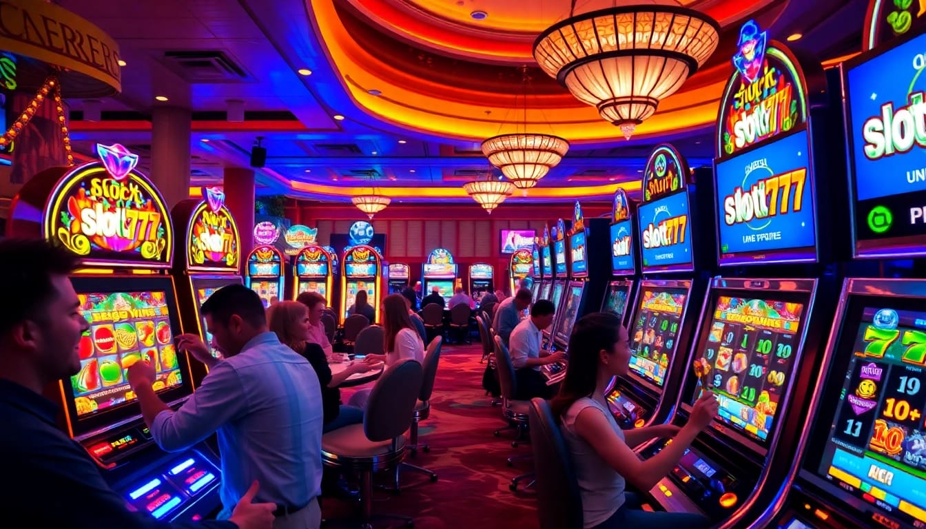 Excited players enjoying "slot777" with vibrant slot machines in a luxurious casino setting.