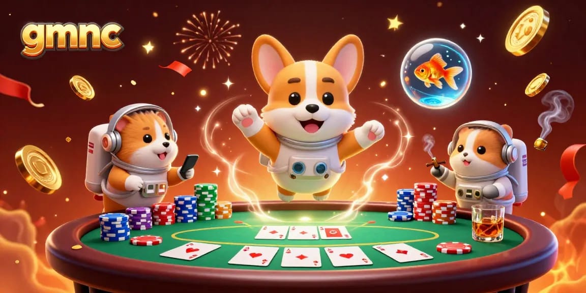 Engage in exciting gaming at gmnc's cosmic casino with an astronaut corgi and vibrant poker action.