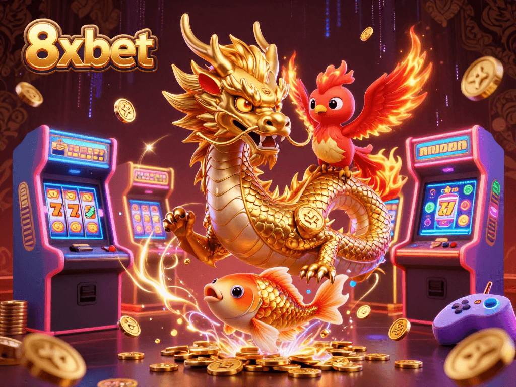 Engage with dynamic gaming at 8xbet featuring a dragon, phoenix, and koi fish amidst vibrant casino elements.