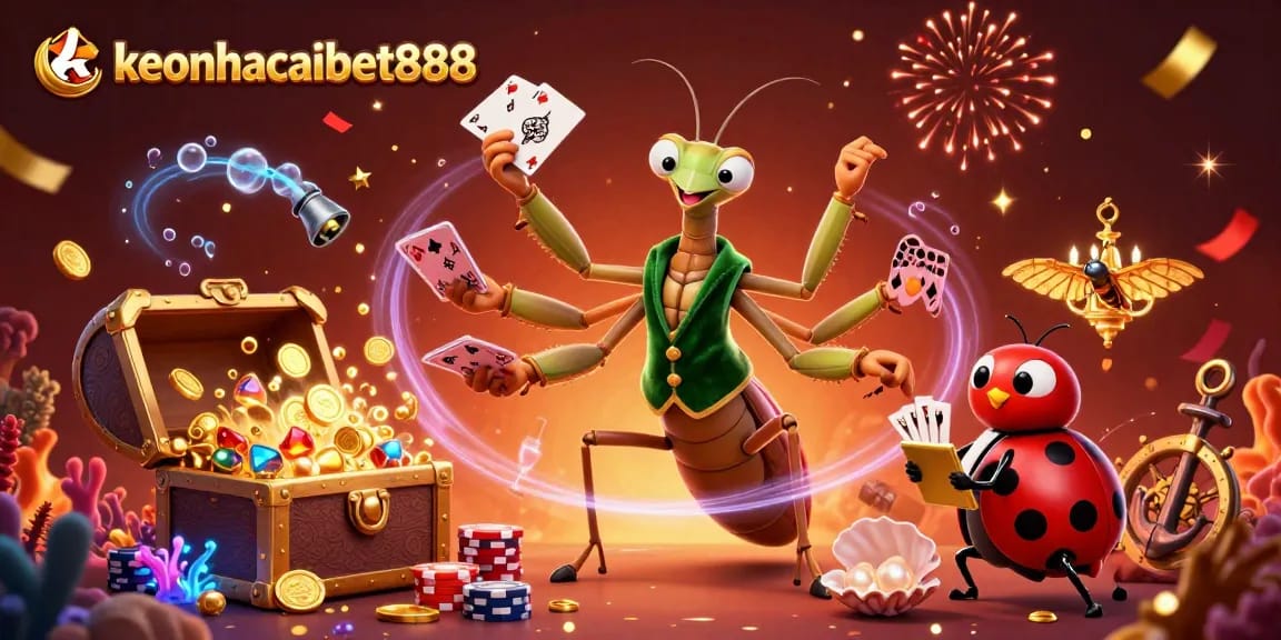 Experience thrilling gameplay with keonhacaibet888 as characters deal cards and pour champagne in a vibrant casino.