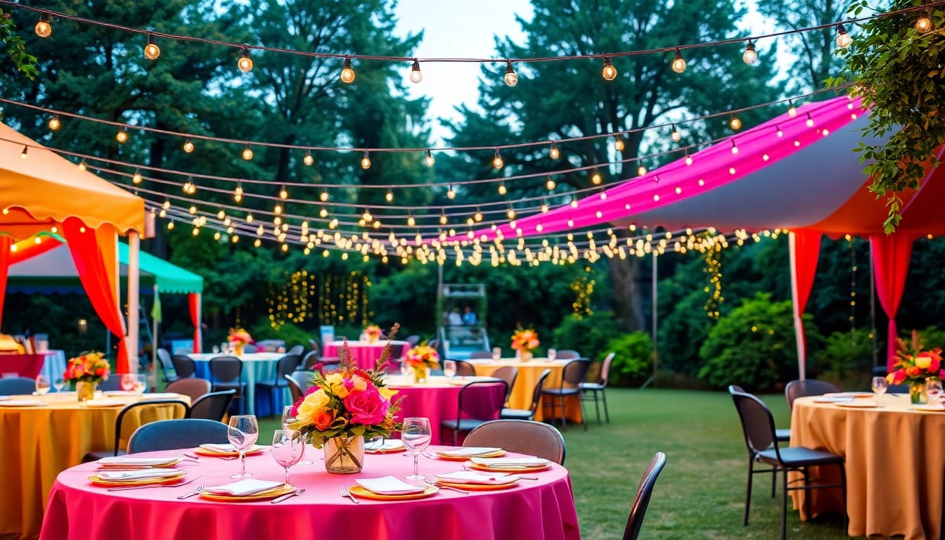 Enjoy outdoor party rentals with beautifully set tables and vibrant decorations in a lush garden.