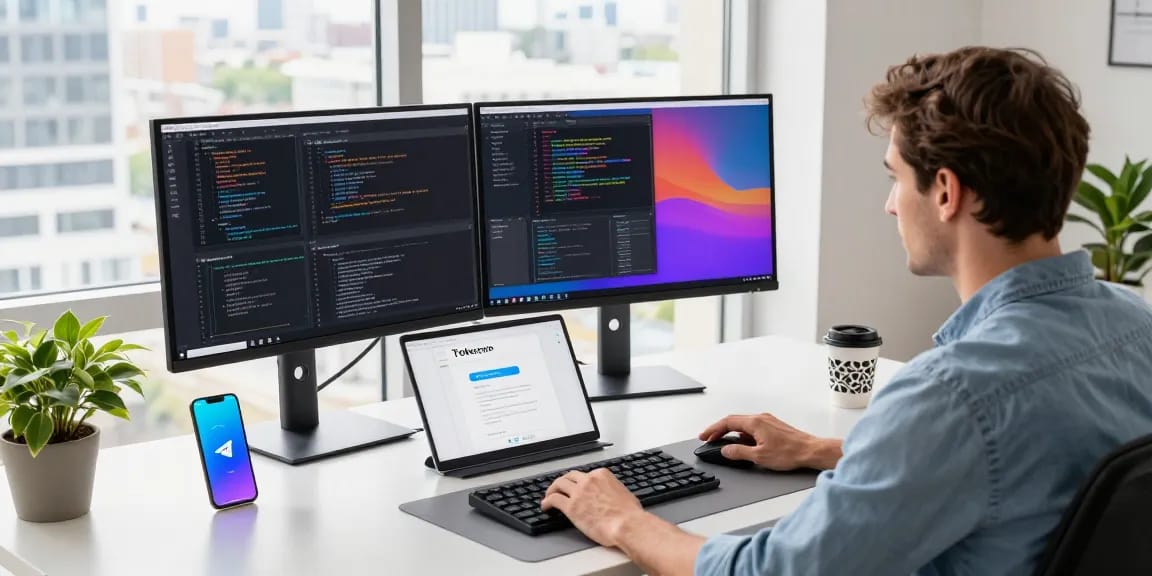 Developer at modern workspace coding Telegram Download with dual monitors and city view.