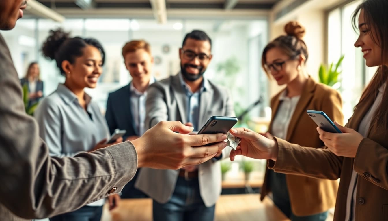 Sell Phone Today Cash with professional smartphone exchange in a vibrant office.