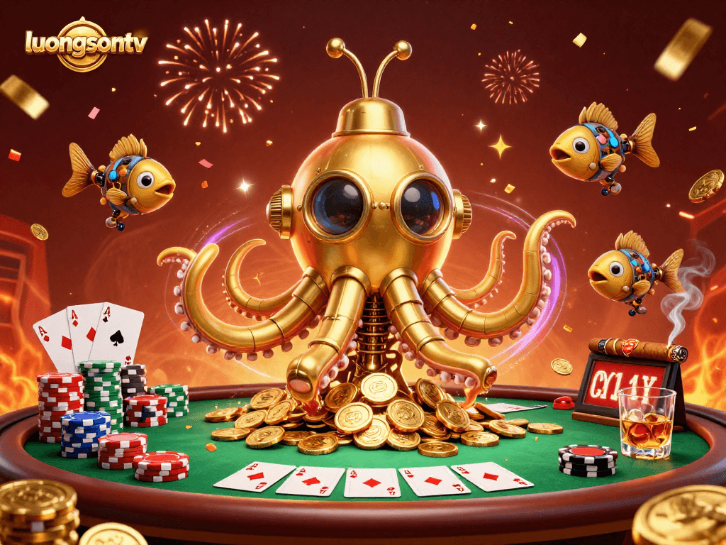 Engage with luongsontv's golden kraken and mechanical fish in a vibrant casino scene.