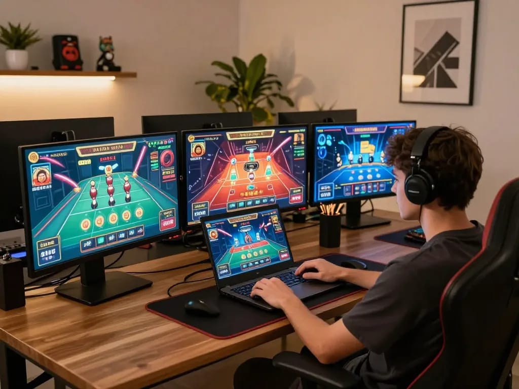 Engaging online gaming experience with tr88 interface displayed on multiple screens, showcasing dynamic casino game action.