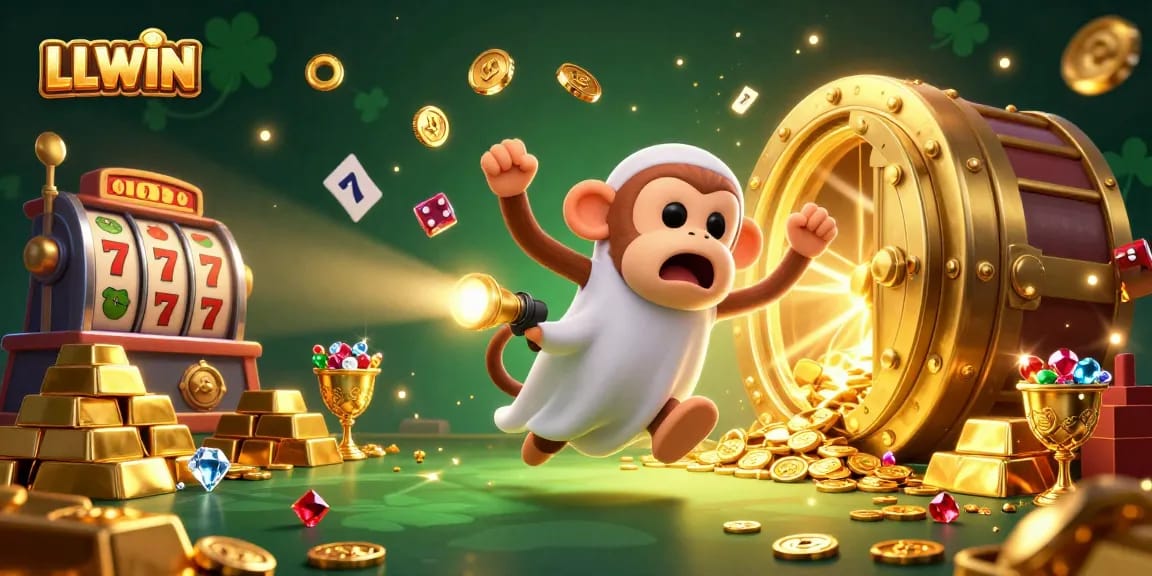 Experience thrilling gameplay at LLWIN with a chaotic casino scene featuring a playful poltergeist monkey.