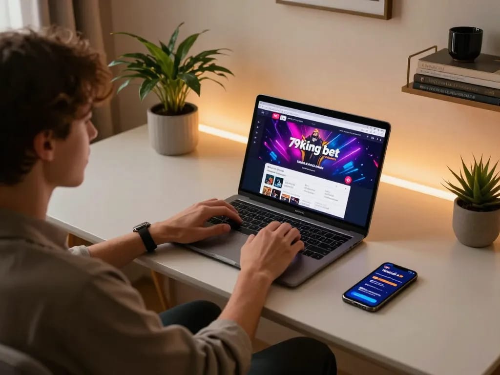 Engaging in 79king bet gameplay on a stylish laptop at home, showcasing an immersive online gaming atmosphere.