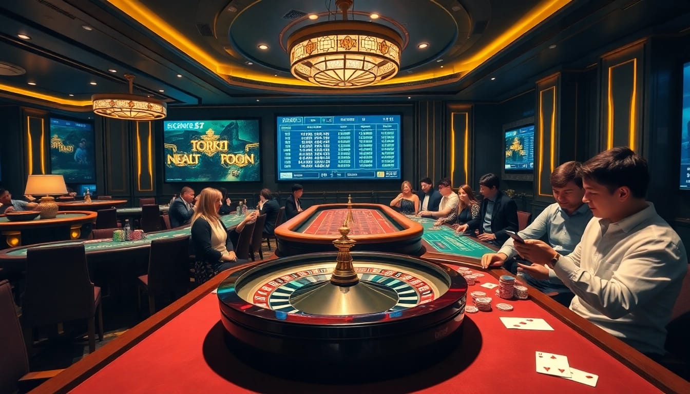 Experience the thrill of 8kbet with luxurious casino tables and vibrant gaming elements.