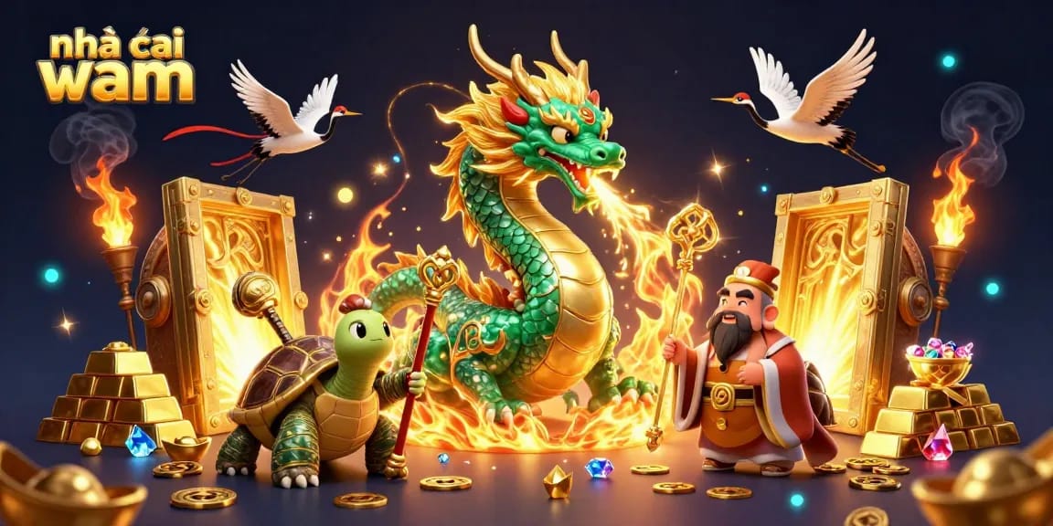 Experience the magic of nhà cái vmax with a jade dragon, turtle sage, and cranes in a vibrant casino scene.