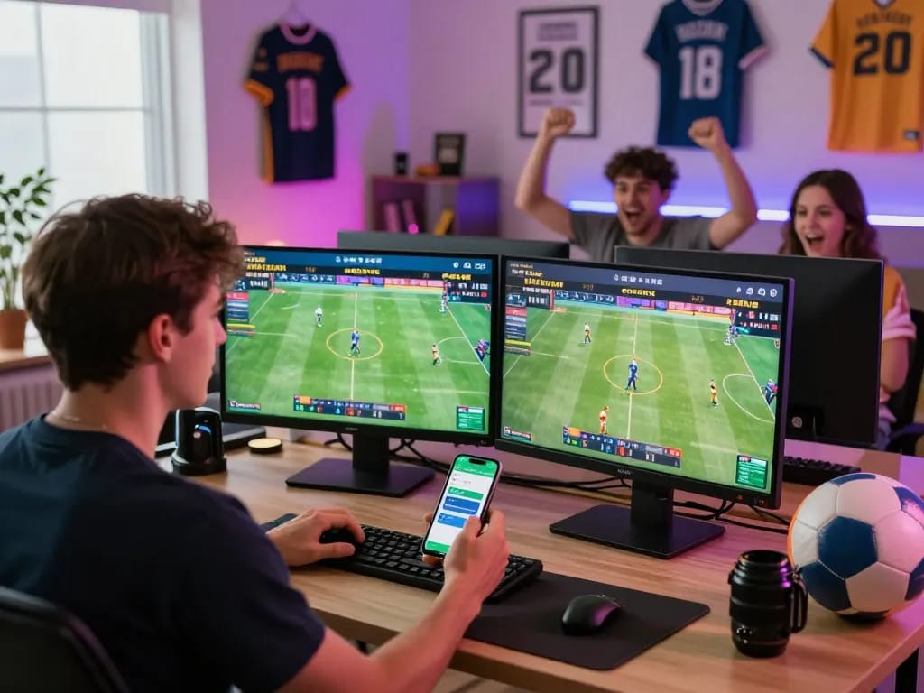 Exciting scene of thể thao Goal123 online sports betting with user engaged in live matches and smartphone app.