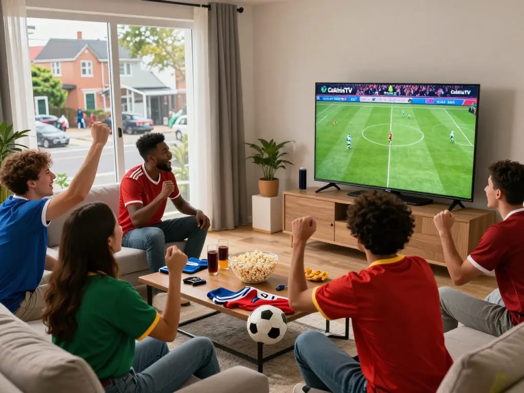 Excited friends watching high-definition football on CakhiaTV, enjoying a lively match in a vibrant living room setting.
