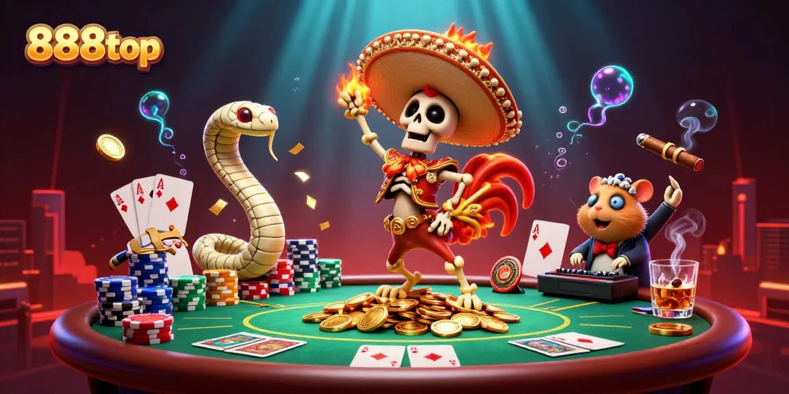 Celebrate winning moments with 888top as a skeleton mariachi rooster dances on poker chips.