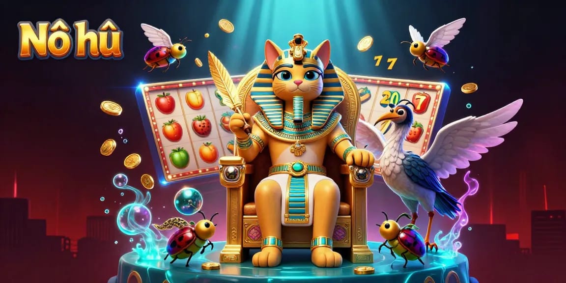 Nổ hũ slot game scene featuring an Egyptian pharaoh cat surrounded by jackpot symbols and vibrant colors