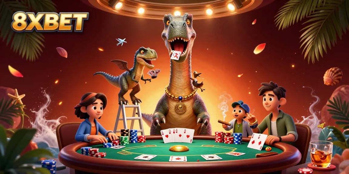 Engage in thrilling poker games at 8XBET with a dynamic casino scene involving playful dinosaur characters.