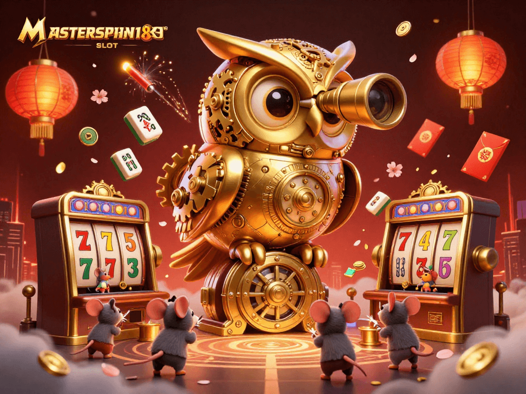 Experience the thrill of MASTERSPIN188 SLOT in a vibrant, animated casino scene filled with excitement.