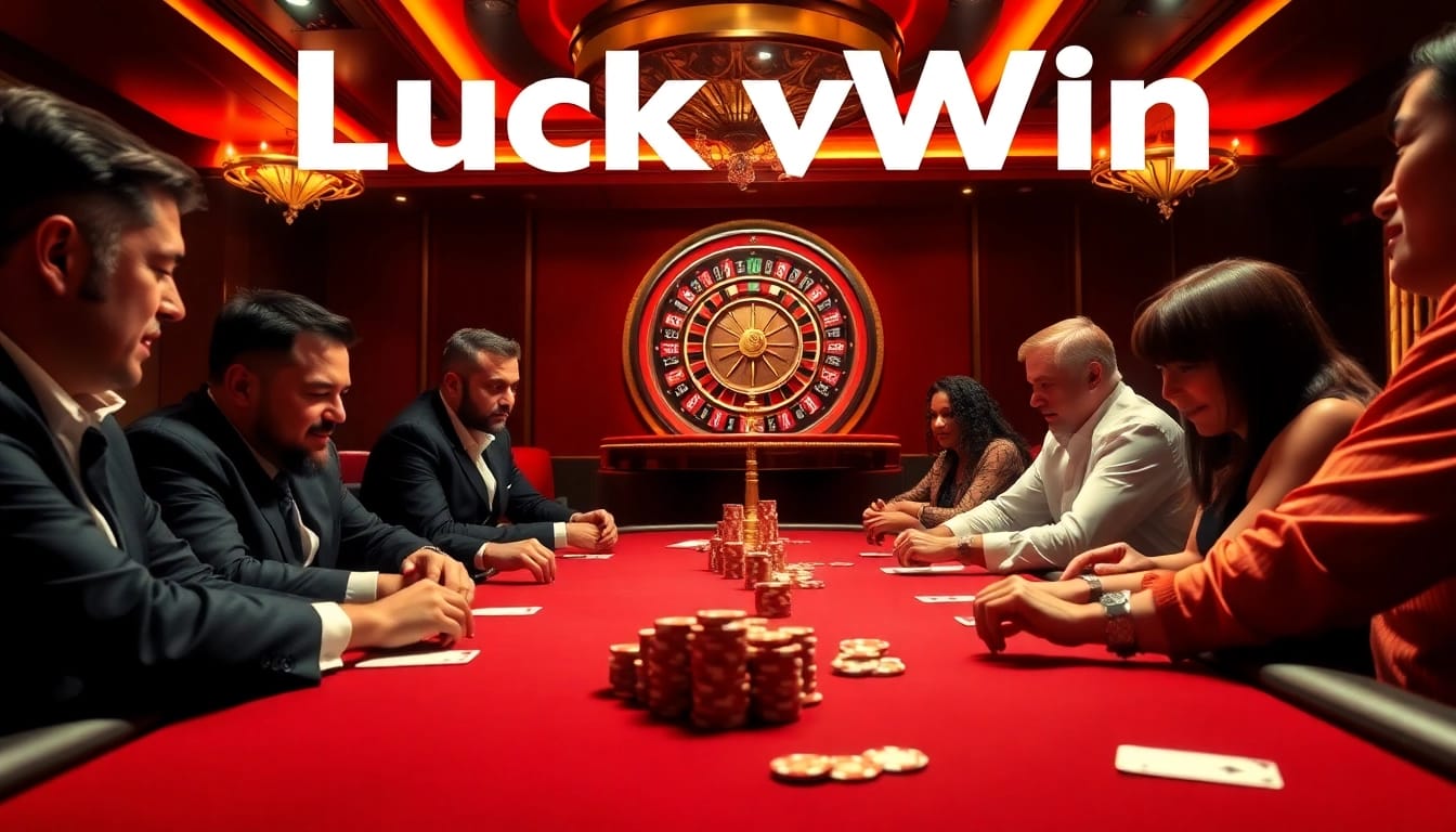 Engaged players at LuckyWin poker table amid vibrant casino atmosphere.