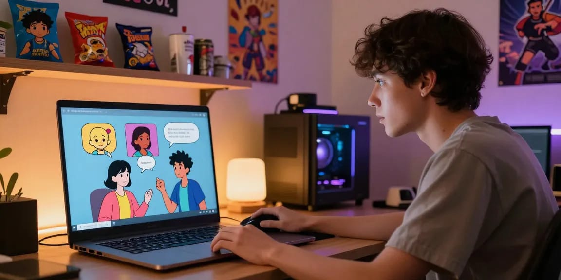 Engaging character ai nsfw chat scene with user interacting on laptop in cozy digital environment.