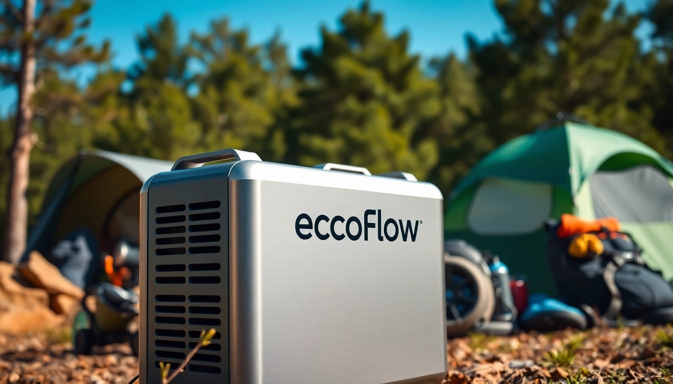 EcoFlow power station showcased in a natural outdoor environment with camping gear.