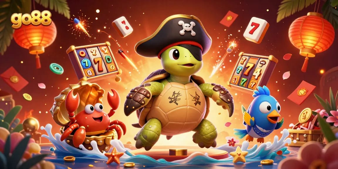 Engage with go88’s vibrant gaming world, featuring a pirate turtle, treasure, and casino themes.