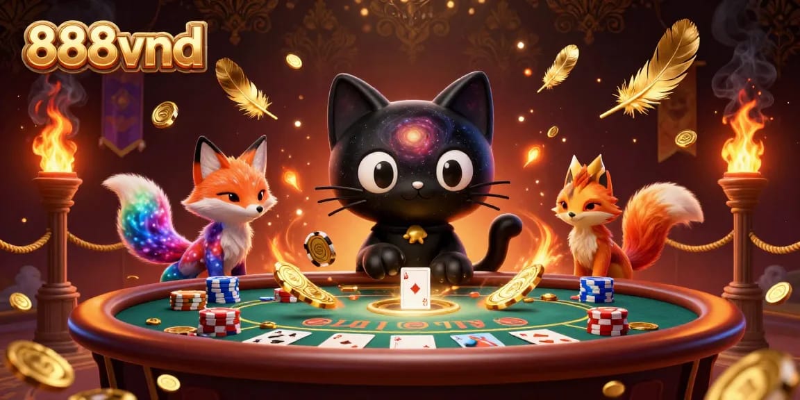 Engage with 888vnd's cosmic casino experience, featuring a captivating black hole cat and vibrant gameplay.