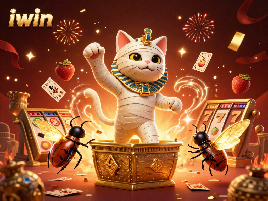 iwin logo shines as an Egyptian mummy cat bursts from a sarcophagus in a vibrant casino scene.
