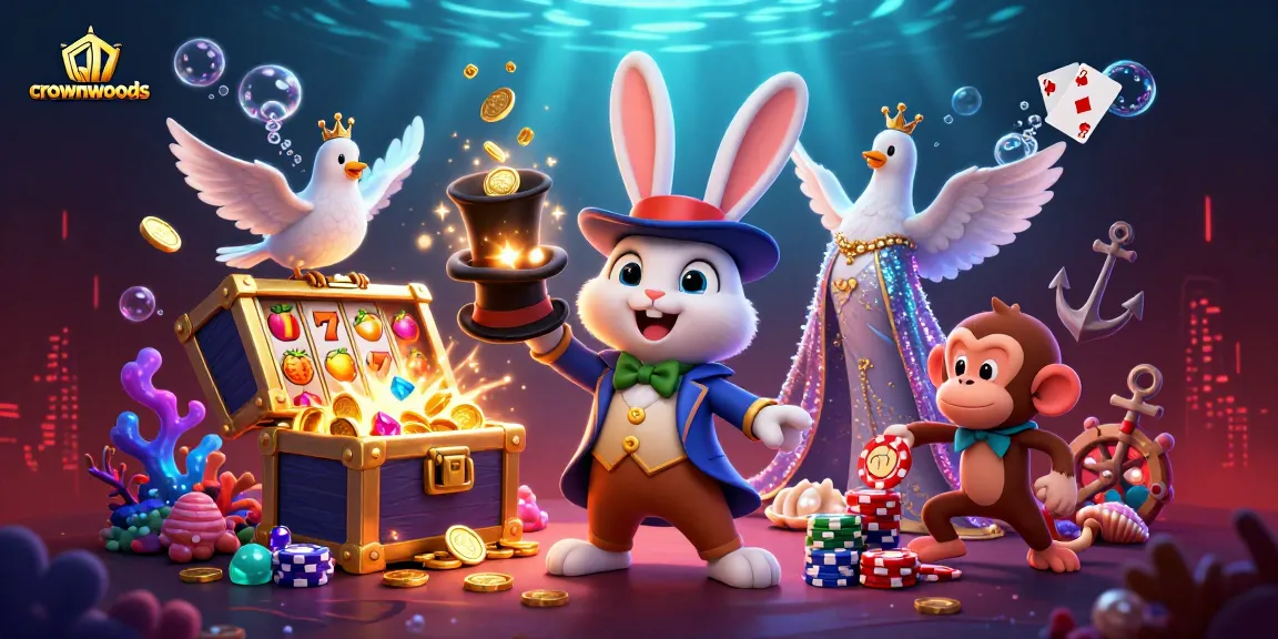 Crownwoods showcases a vibrant 3D casino scene with a magician rabbit and playful elements capturing winning moments.