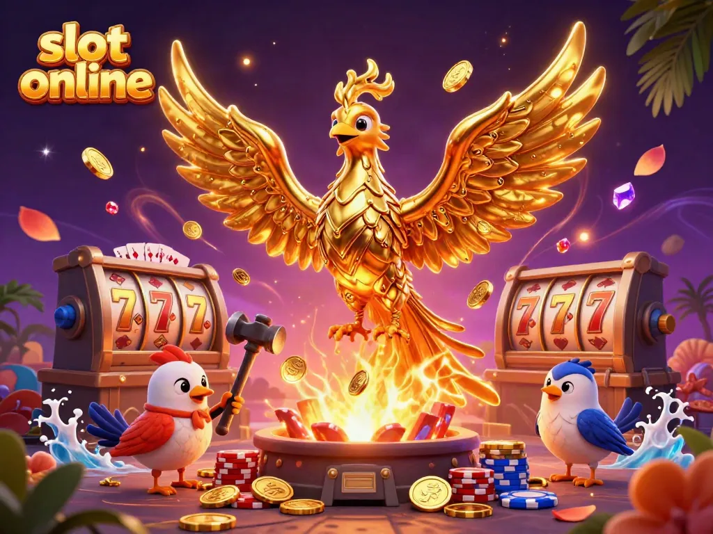Experience the thrill of slot online with a golden phoenix and dynamic casino elements.