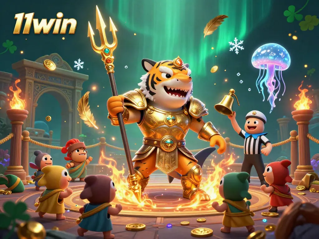 Engage in thrilling gameplay at 11win with a dynamic scene showcasing a ferocious tiger shark in a gladiatorial underwater arena, enhancing your casino experience.
