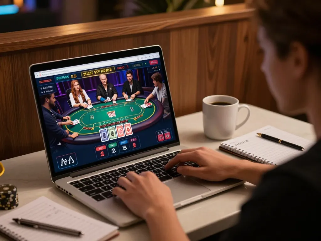 Engaged player enjoying壹發娛樂 through live dealer games on a laptop, showcasing smart strategies and immersive online casino experience.