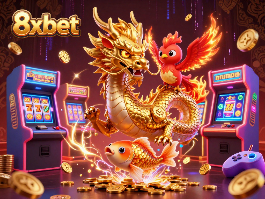 Engage with dynamic gaming at 8xbet featuring a dragon, phoenix, and koi fish amidst vibrant casino elements.