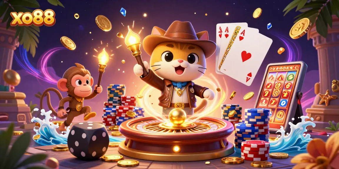 Experience the vibrant xo88 gaming world with a treasure-hunting explorer and casino excitement.