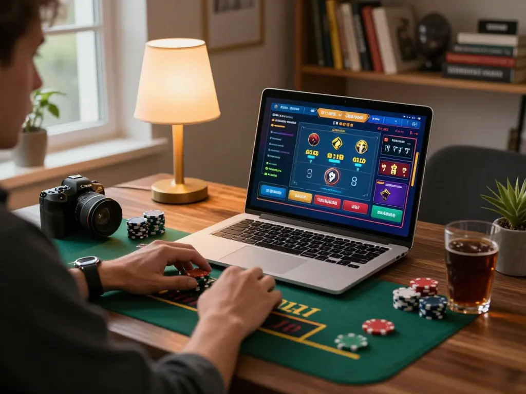 Player enjoying online game casino HITCLUB on laptop at home with chips and strategy notes.