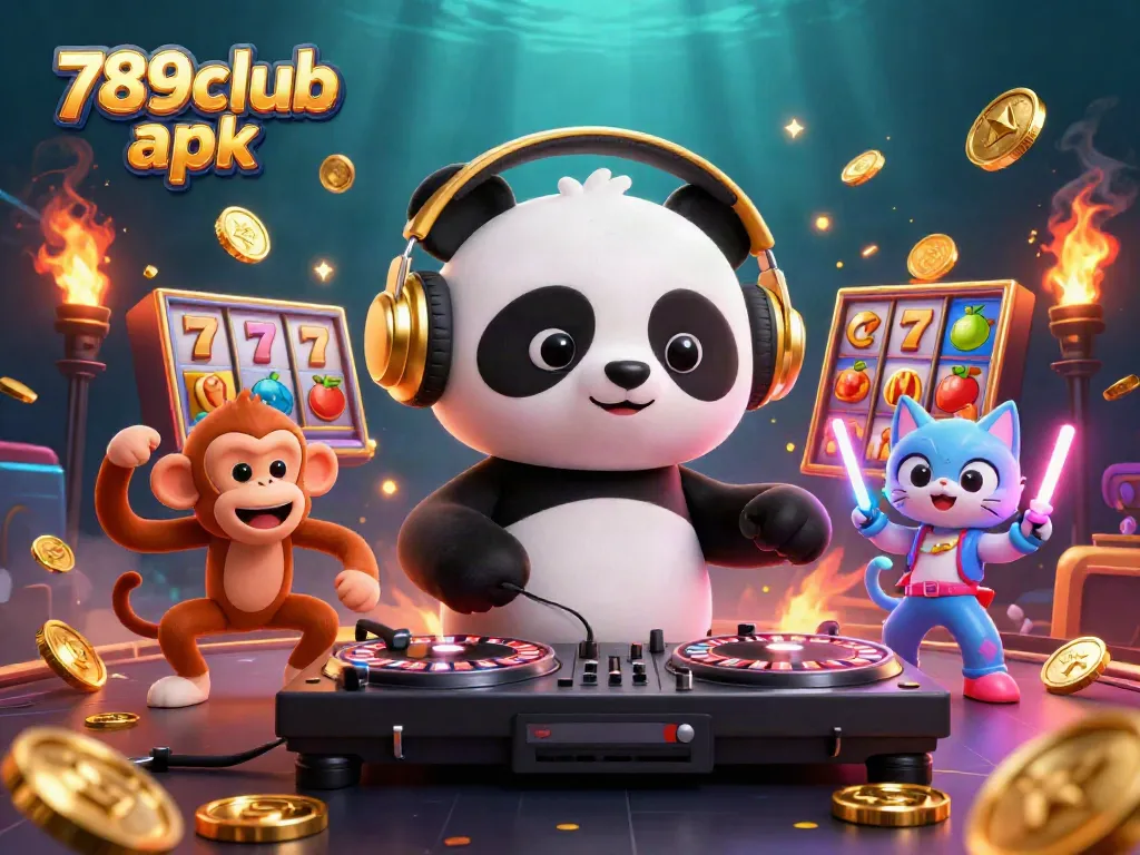 Engage with 789club apk through a vibrant scene of fun cartoon characters at a casino, showcasing slot machines.