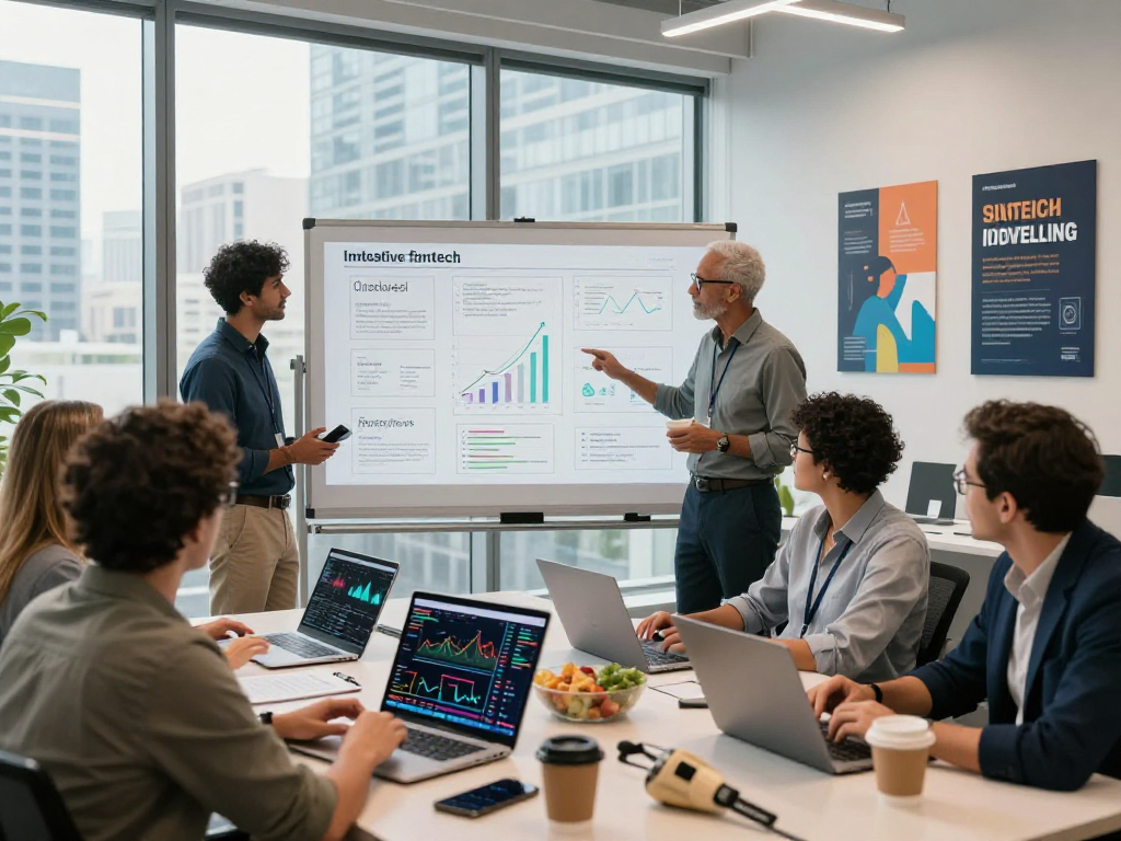 Team collaborating on debet financial solutions in a modern office.