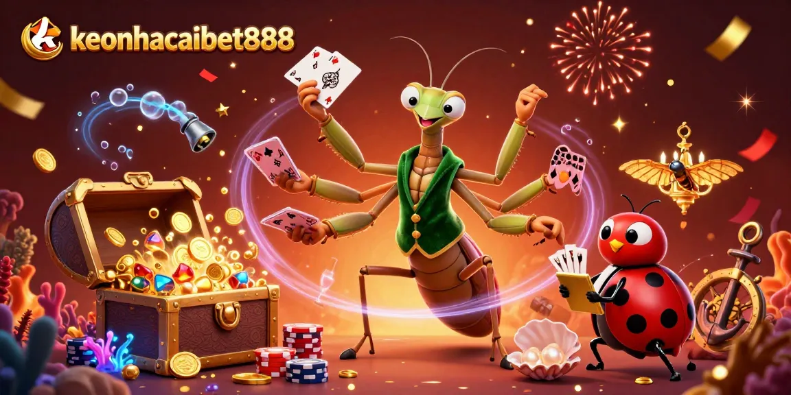 Experience thrilling gameplay with keonhacaibet888 as characters deal cards and pour champagne in a vibrant casino.