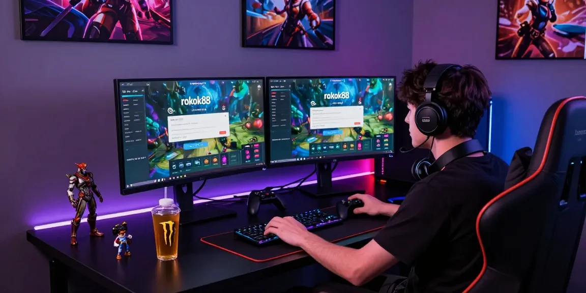 User focused on rokok88 login on dual monitors in immersive gaming setup